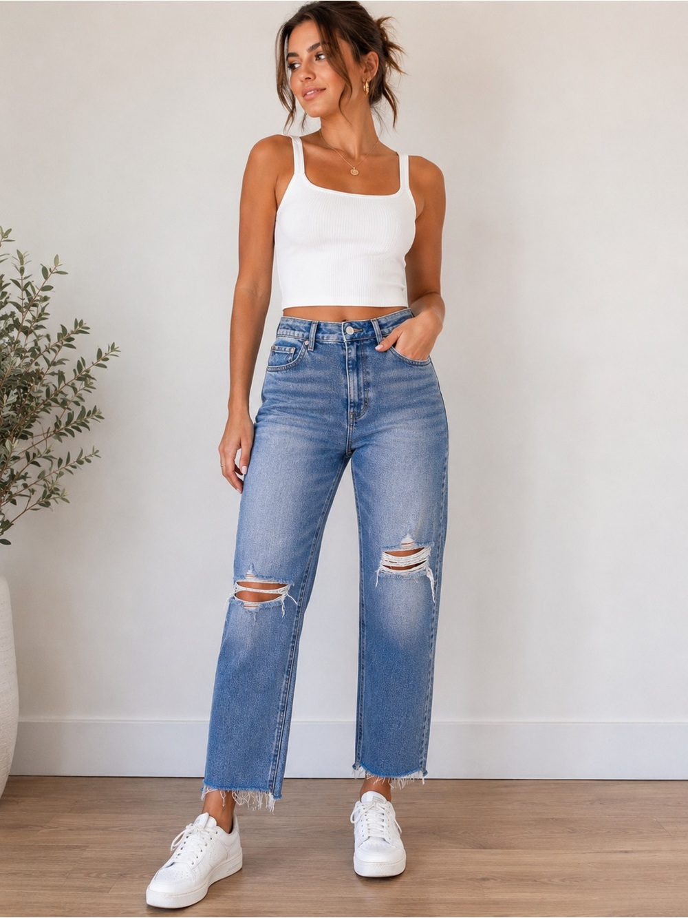 Express Light Blue Straight Leg Distressed Jeans